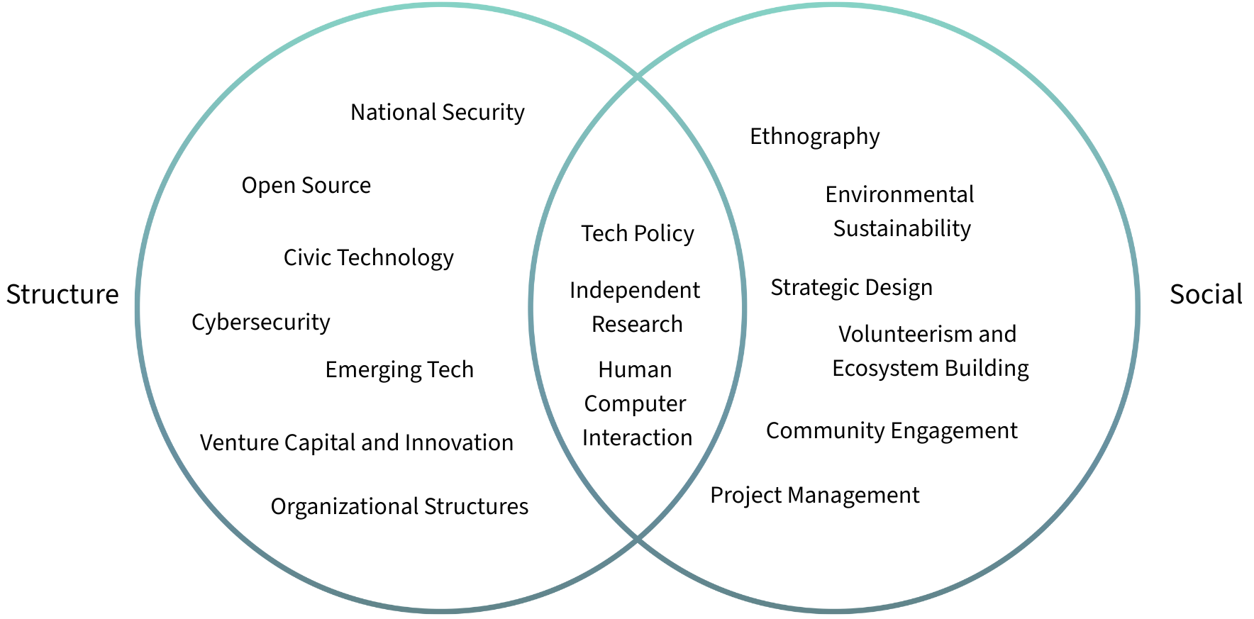 Map of interests at the intersection of structure and social dimensions of technology